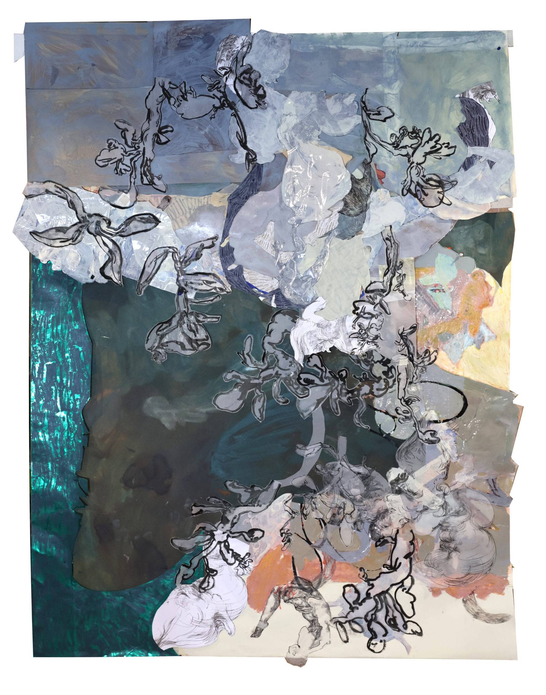 Les Sylphides VI , 2025. Handmade pastel, oil bar, oil, indian ink, acrylic, paper tape and tracing paper on paper, 195 x 147 cm.
