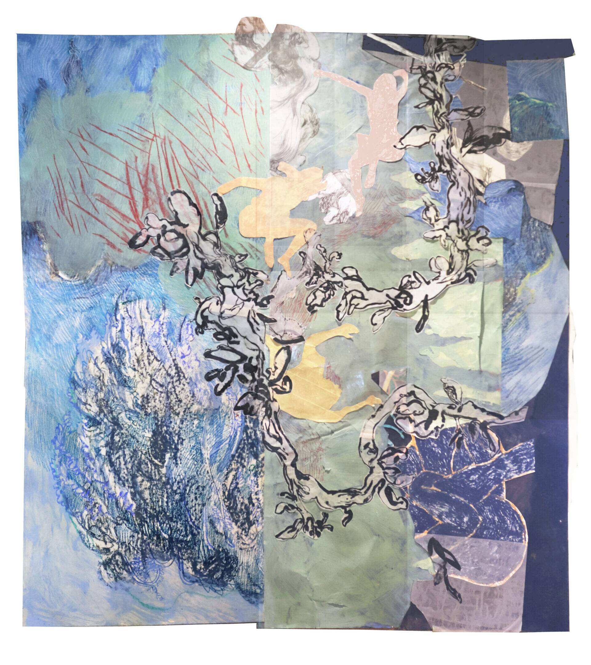 Les Sylphides V, 2025. Handmade pastel, oil bar, oil, indian ink, acrylic, paper tape and tracing paper on paper, 151 x 143 cm.
