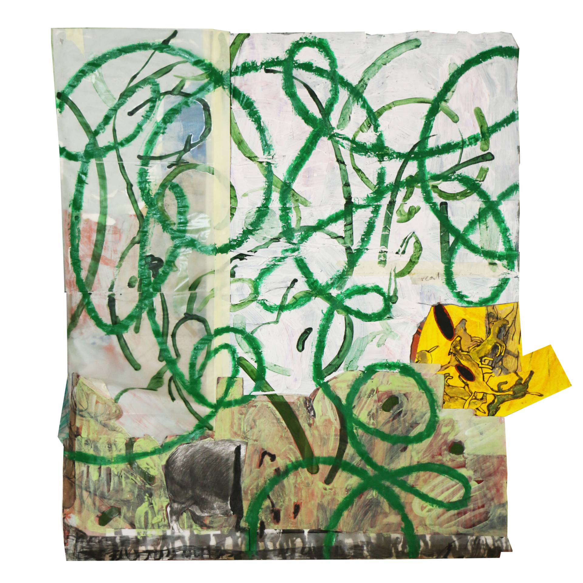 Limpezas de primavera - oil, acrylic, oil bar, paper tape, tracing paper and cardboard on paper, 173 X 100 cm