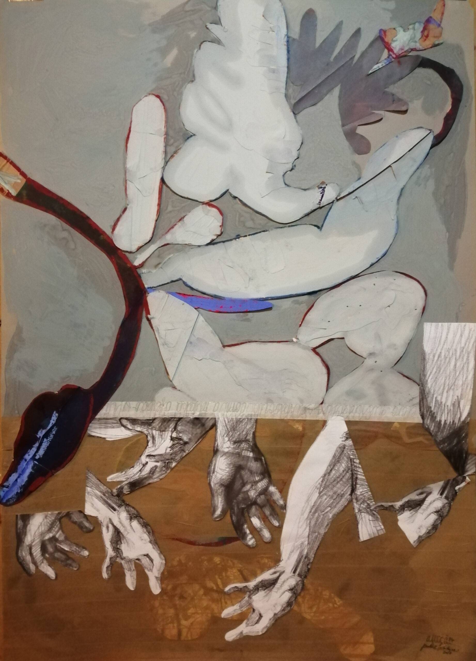 Aflição - acrylic, oil, pastel, paper tape, tracing paper and cardboard on paper, 100 X 70 cm